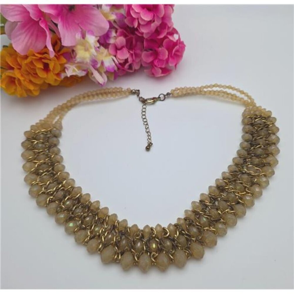 Gold Tone Beige Champagne Rondelle Crystal Beaded Collar Necklace Statement 21"